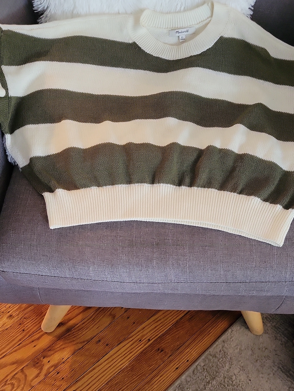 Madewell Olive & Cream Striped Crewneck Sweater